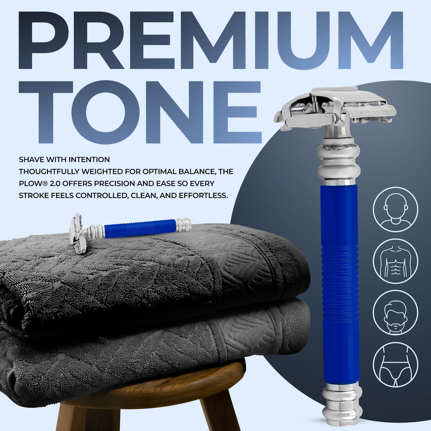 Blue and silver razor on a gray towel with promotional text about 'Premium Tone' shaving product.