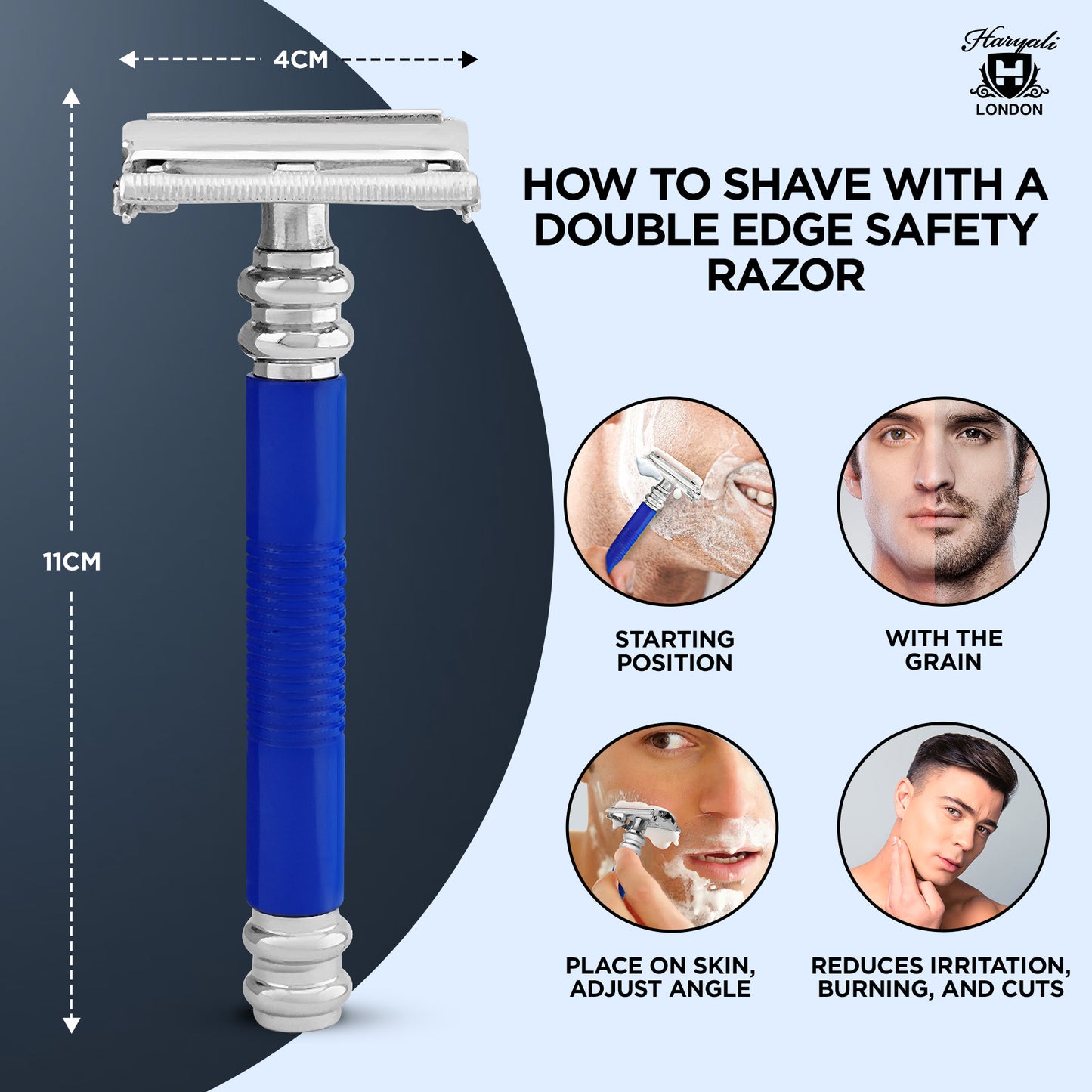 Haryali London’s blue butterfly safety razor features a twist-to-open DE mechanism and sleek handle, offering quick blade changes and smooth shaves using double edge razor blades across the UK.