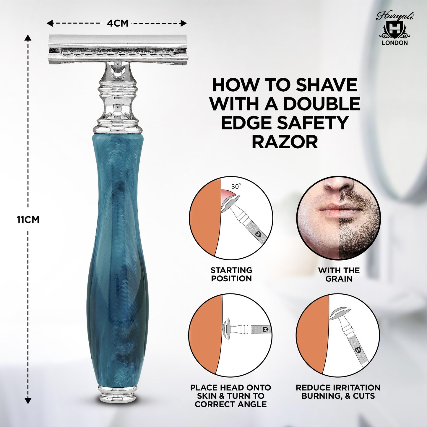 Haryali London’s blue resin double edge razor combines bold style with performance, featuring a closed comb DE safety razor head ideal for men seeking a smooth shave using double edge razor blades in the UK.