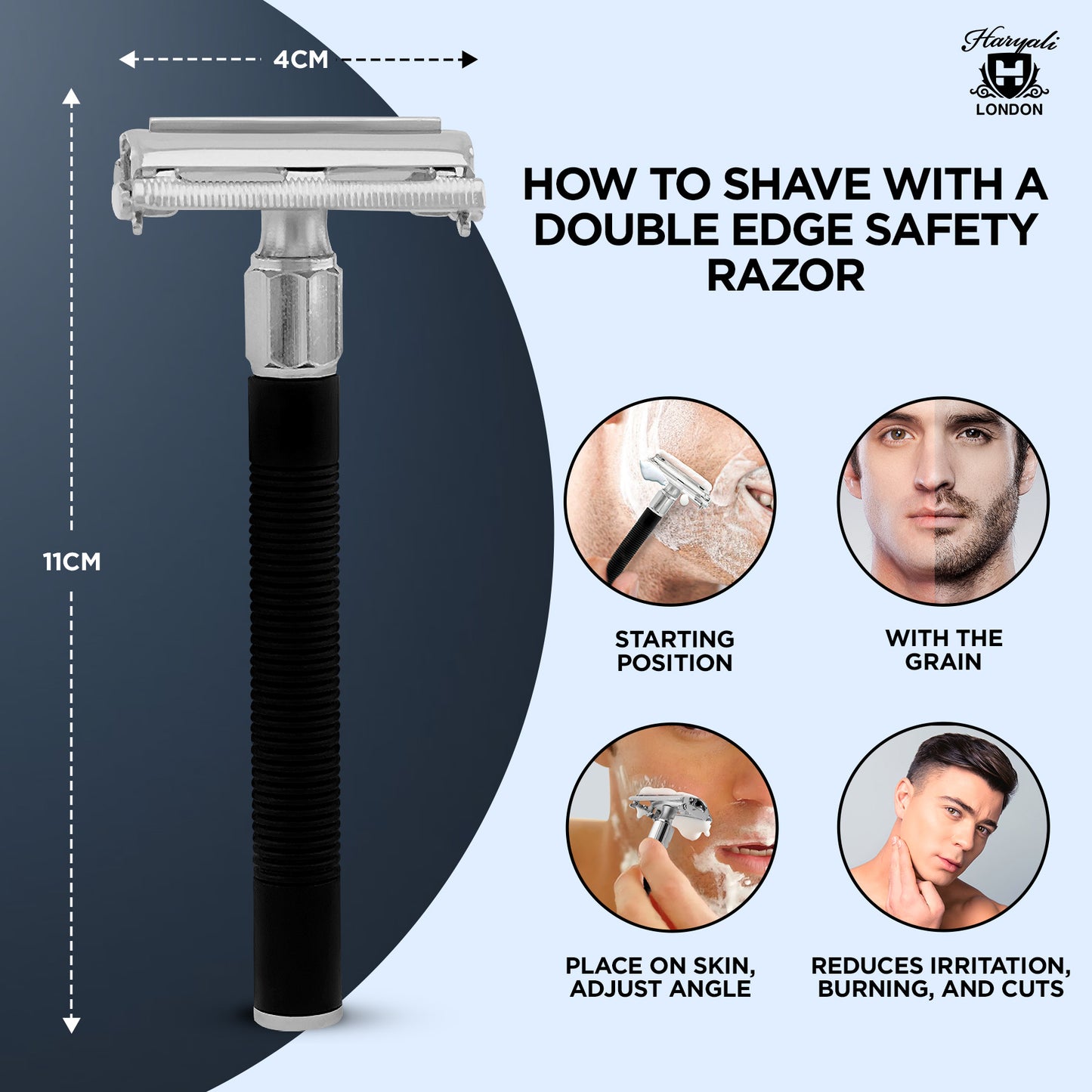 Haryali’s butterfly safety razor with black grooves features a twist-to-open DE head and a textured handle for a secure grip, delivering effortless blade changes and smooth shaves across the UK.