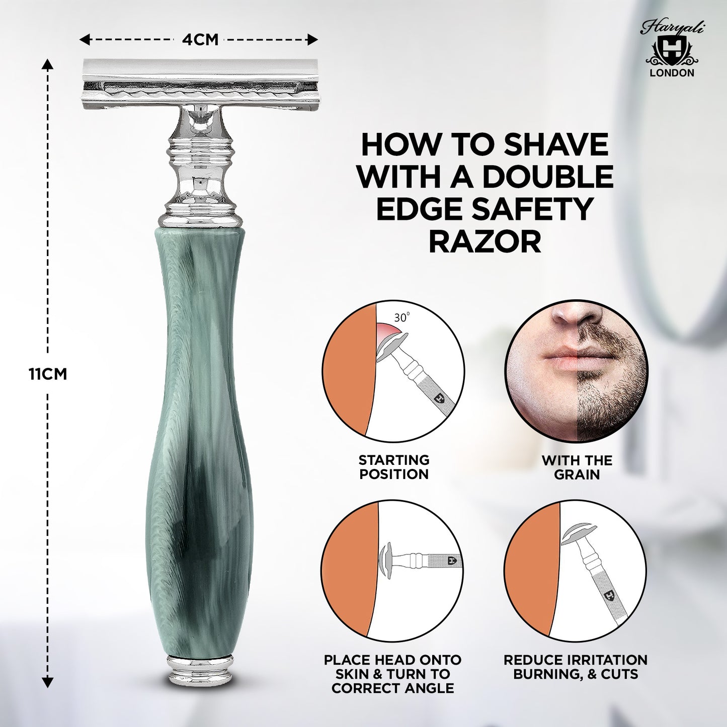 Double edge safety razor with usage instructions on a white background