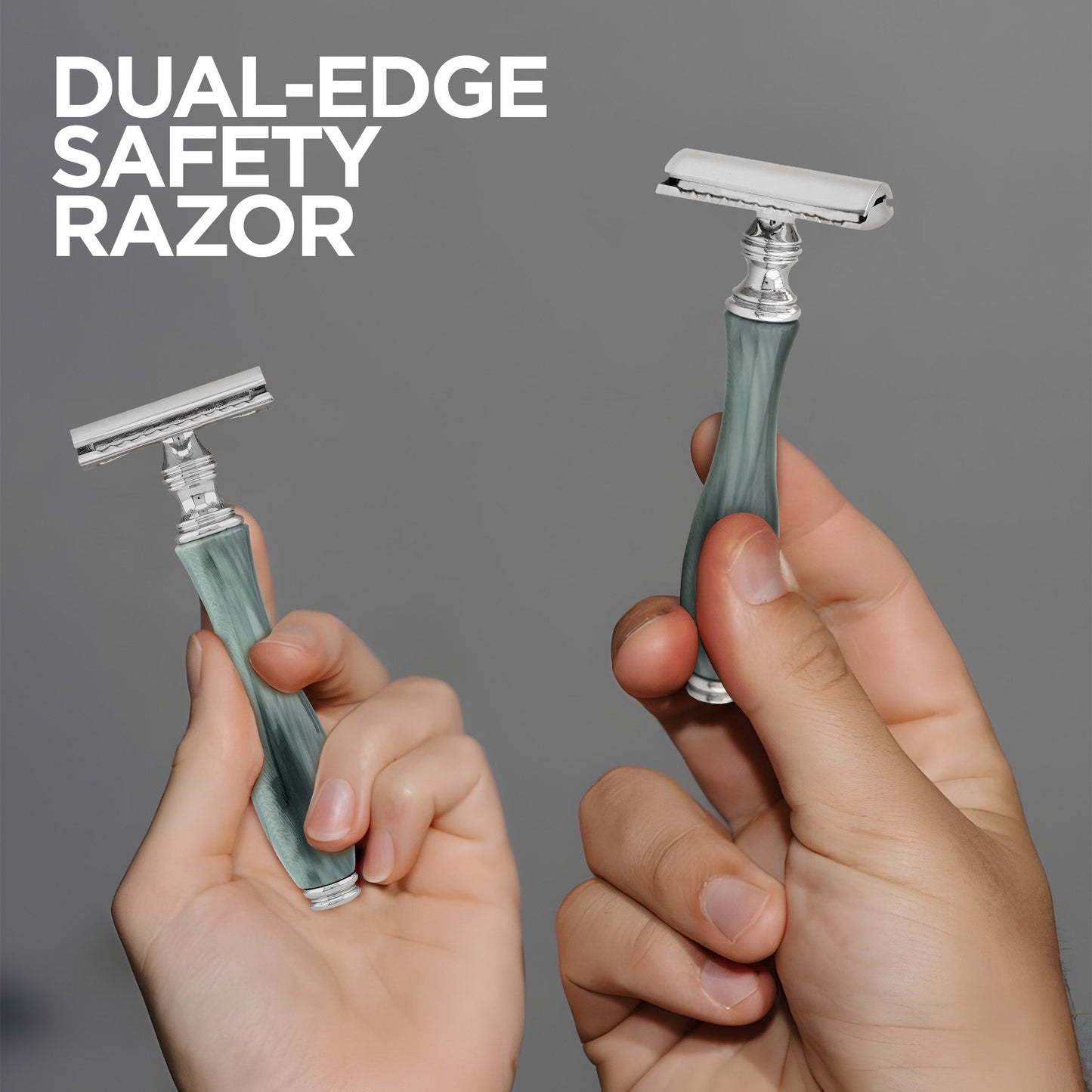 Dual-edge safety razor held by two hands against a gray background with 'Dual-Edge Safety Razor' text.