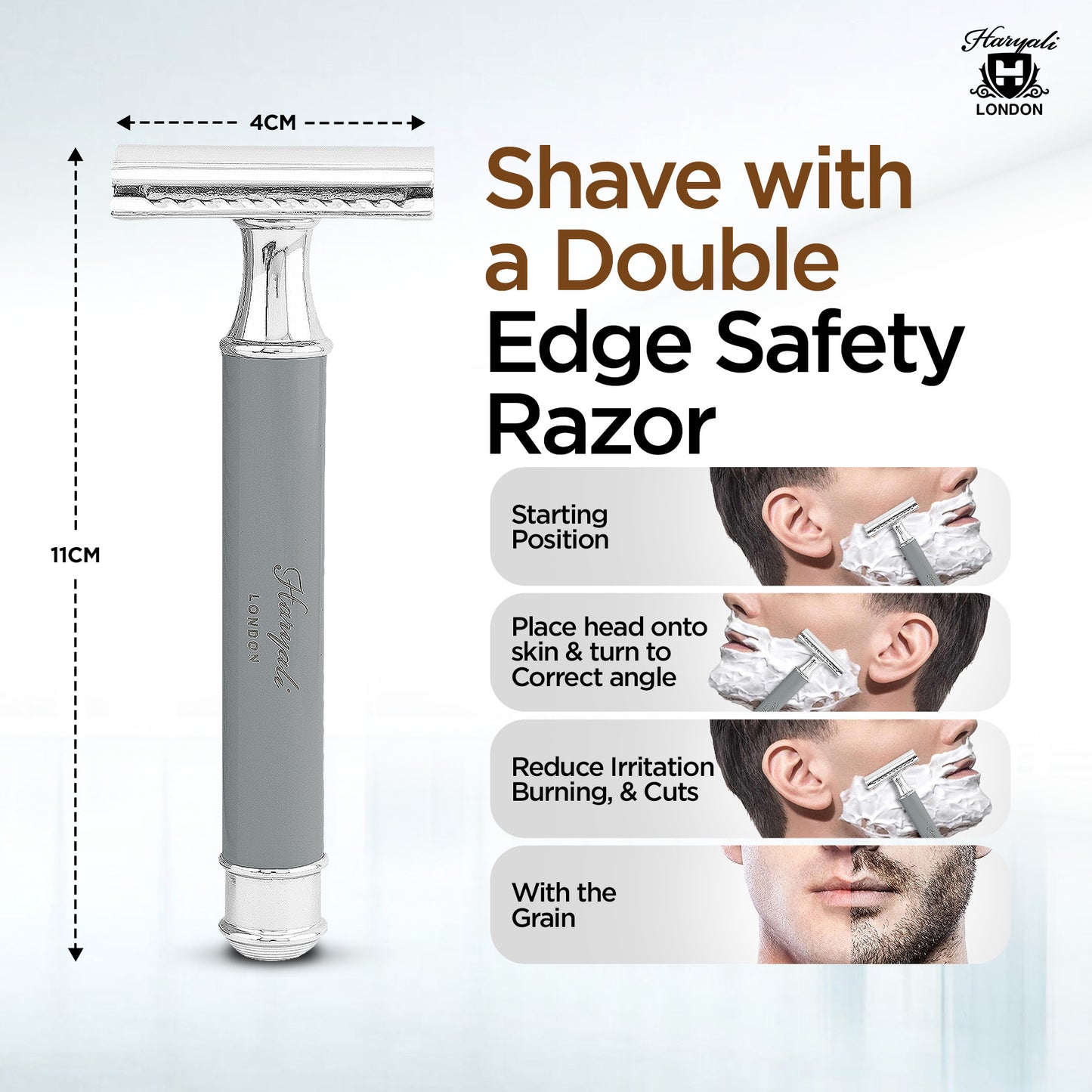 Haryali London’s gray round double edge safety razor offers a sleek DE handle and closed comb head, ideal for comfortable, everyday shaving with double edge razor blades in the UK.