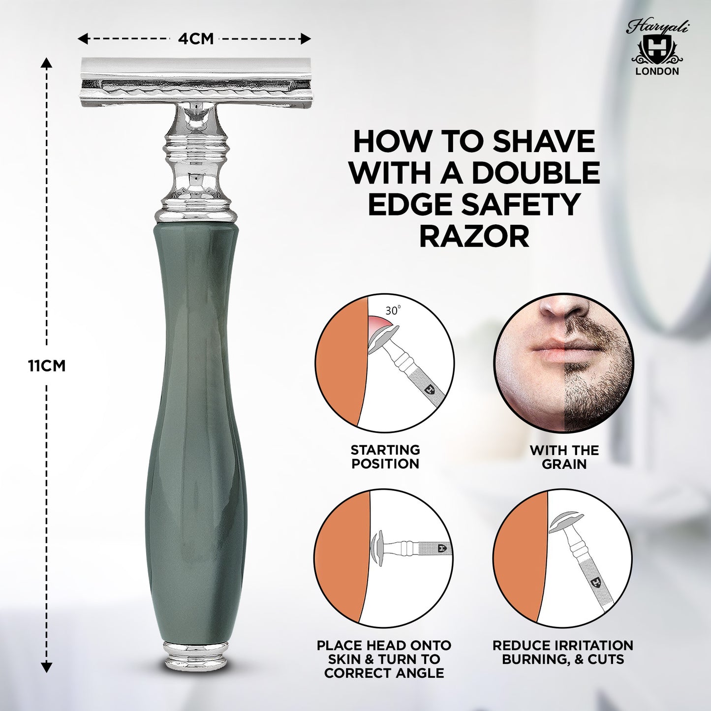 Haryali London’s grey double edge safety razor features a closed comb DE head and ergonomic handle, ideal for smooth, everyday shaving with all DE razor blades in the UK.