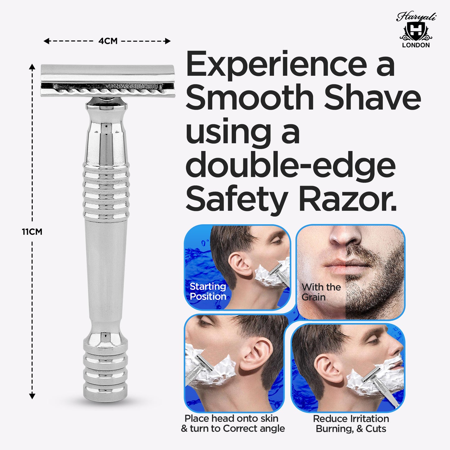 Haryali London’s heavy stainless steel double edge razor features a solid, weighty DE handle with a closed comb head, offering maximum control and a close shave using double edge razor blades across the UK.