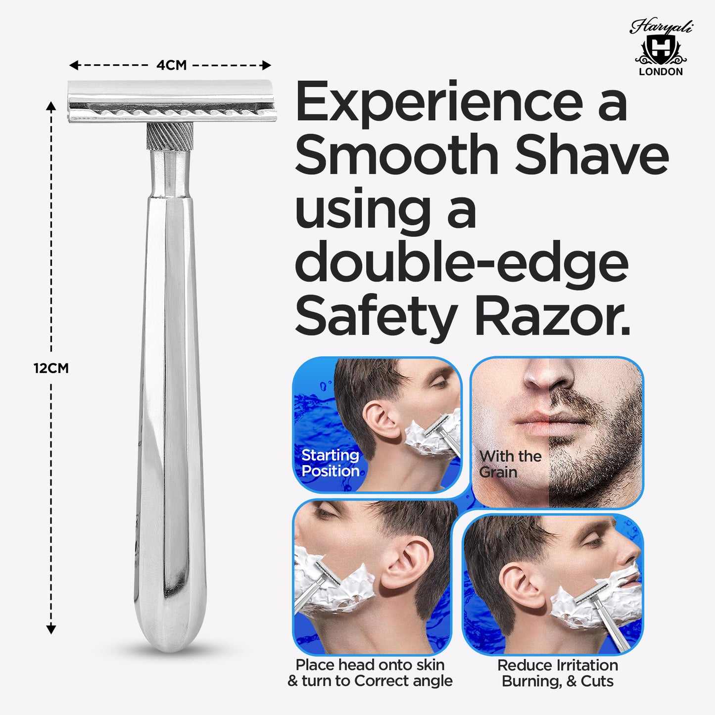 Haryali London’s lightweight stainless steel double edge razor offers a sleek, easy-to-control DE handle with a closed comb head—ideal for precise, everyday shaving using double edge razor blades in the UK.