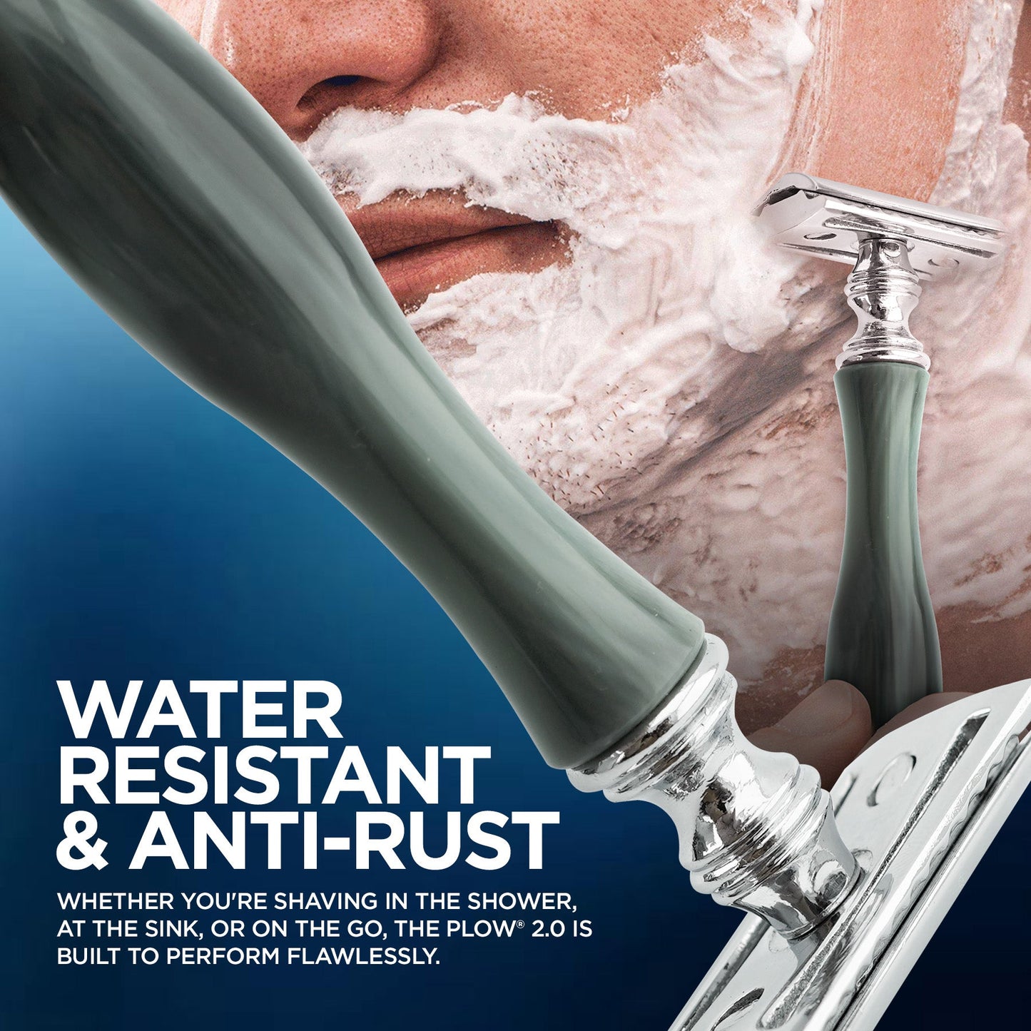 Man shaving with a Plow 2.0 razor, emphasizing water resistance and anti-rust features.