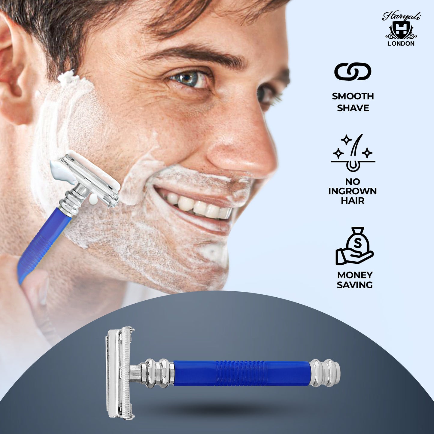 Man shaving with a blue razor, showing benefits on a light blue background