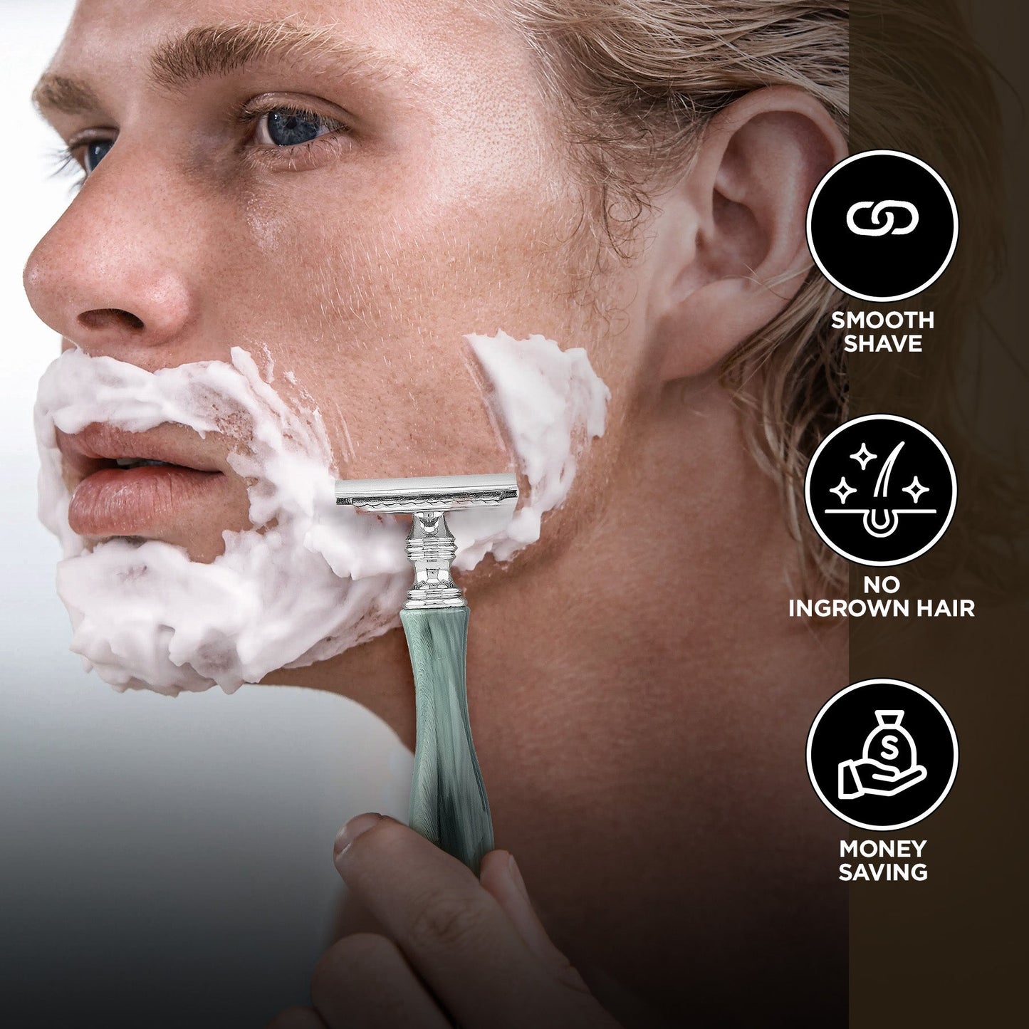 Men shaving with a razor and foam, featuring icons for smooth shave, no ingrown hair, and money saving.