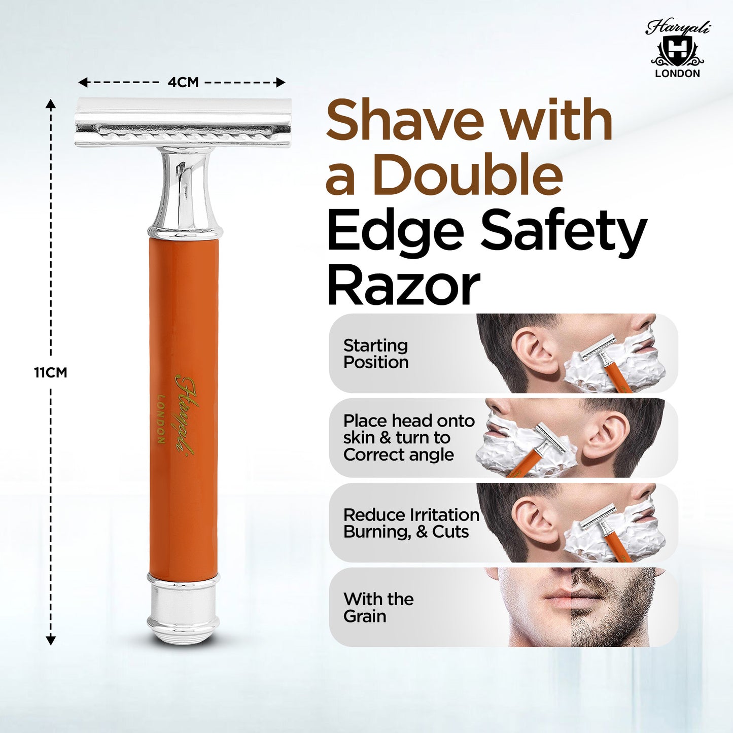 Haryali London’s orange round double edge safety razor offers a bright ergonomic handle and closed comb DE head, perfect for a smooth, everyday shave using double edge razor blades across the UK.