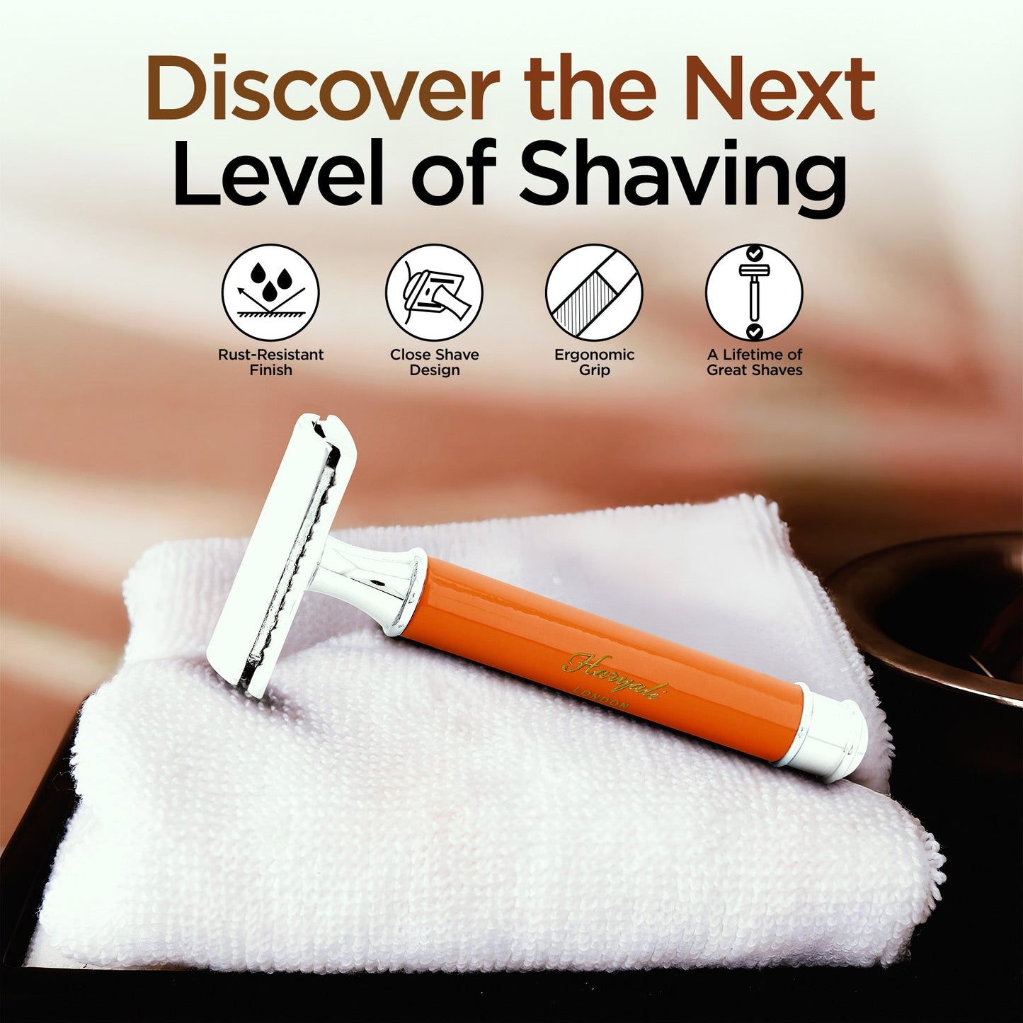 Premium wet shave razor in round orange design