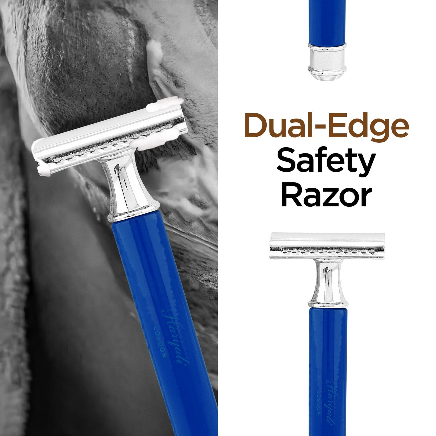 Premium wet shave razor with round blue grip