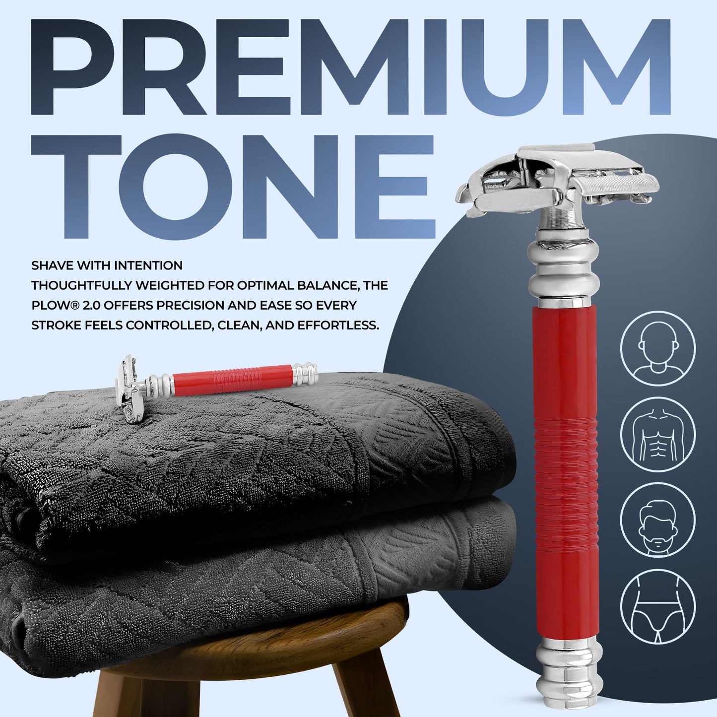 Red and silver razor on a gray towel with promotional text about 'Premium Tone' shaving product.