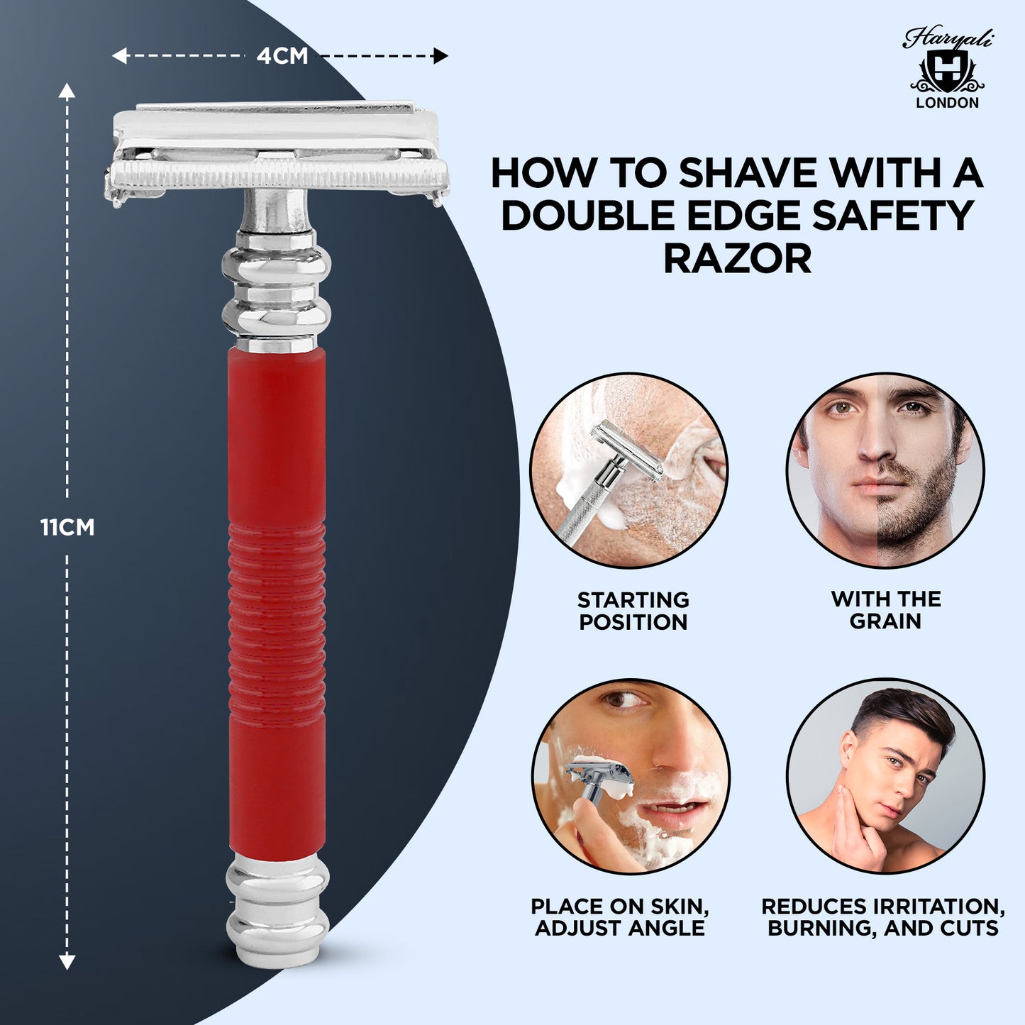 Haryali’s red butterfly safety razor BT3BSR features a twist-to-open DE head and ergonomic grip, providing easy blade replacement and smooth, effortless shaving with double edge razor blades in the UK.