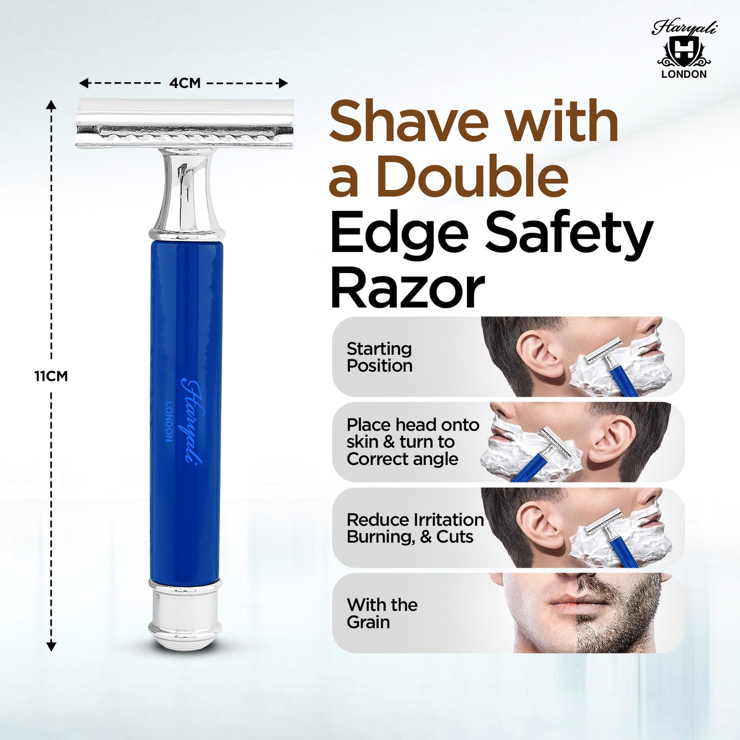 Haryali’s round blue double edge safety razor combines ergonomic comfort with a sleek DE design, providing a smooth, traditional wet shave using double edge razor blades across the UK.