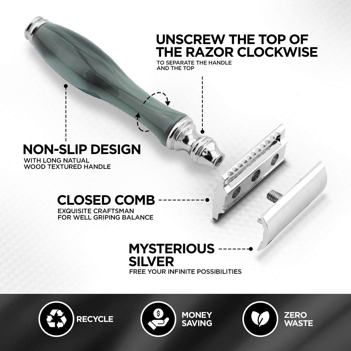 Shaving razor with features highlighted on a white background