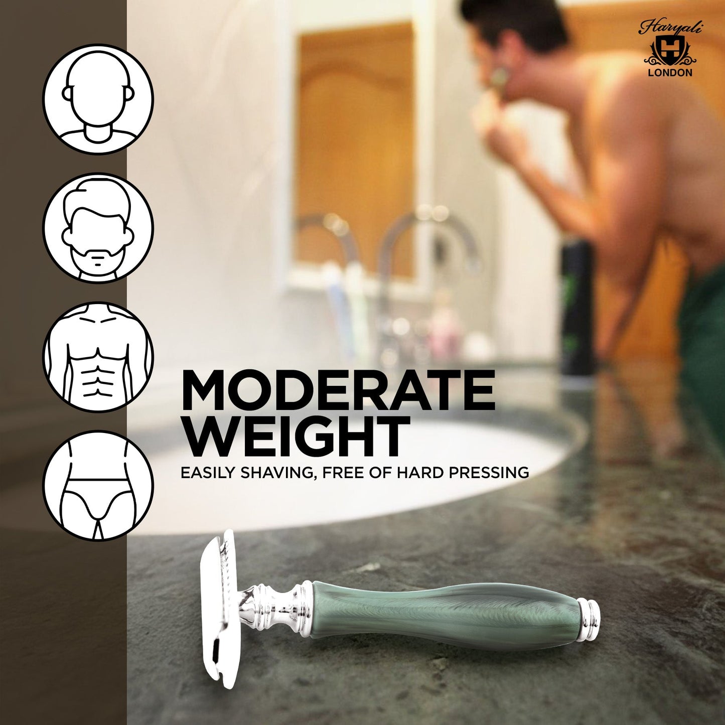 Shaving razor with text on moderate weight and shaving benefits, blurred bathroom background