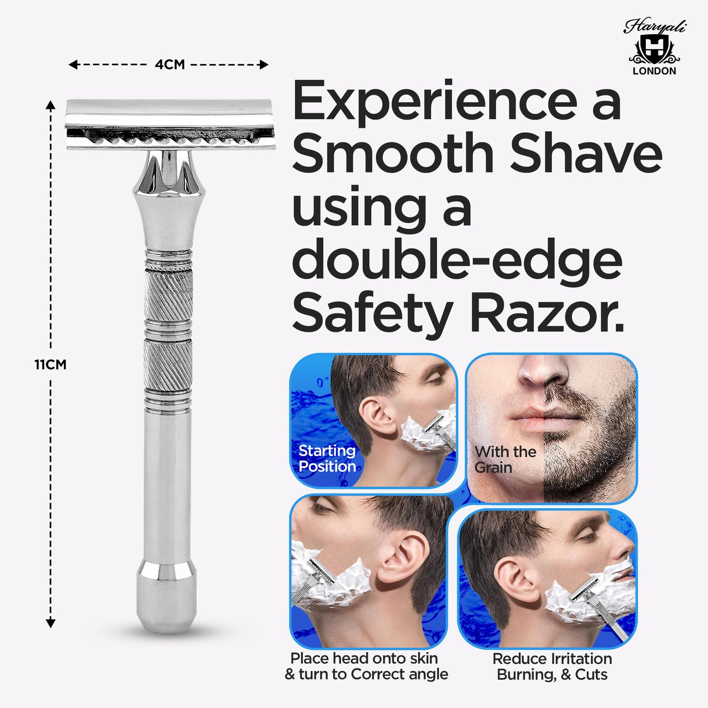 Haryali London’s stainless steel grip pad double edge razor features a non-slip DE handle and closed comb head, delivering a secure, smooth shave with double edge razor blades for men across the UK.