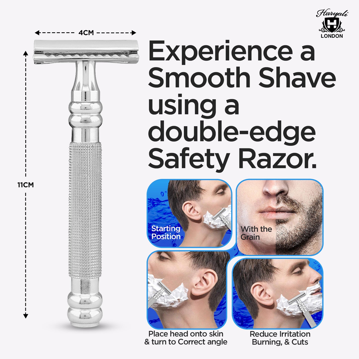 Haryali London’s stainless steel perfect grip double edge razor features a textured DE handle for enhanced control and a closed comb head, ensuring a safe, smooth shave with double edge razor blades in the UK.