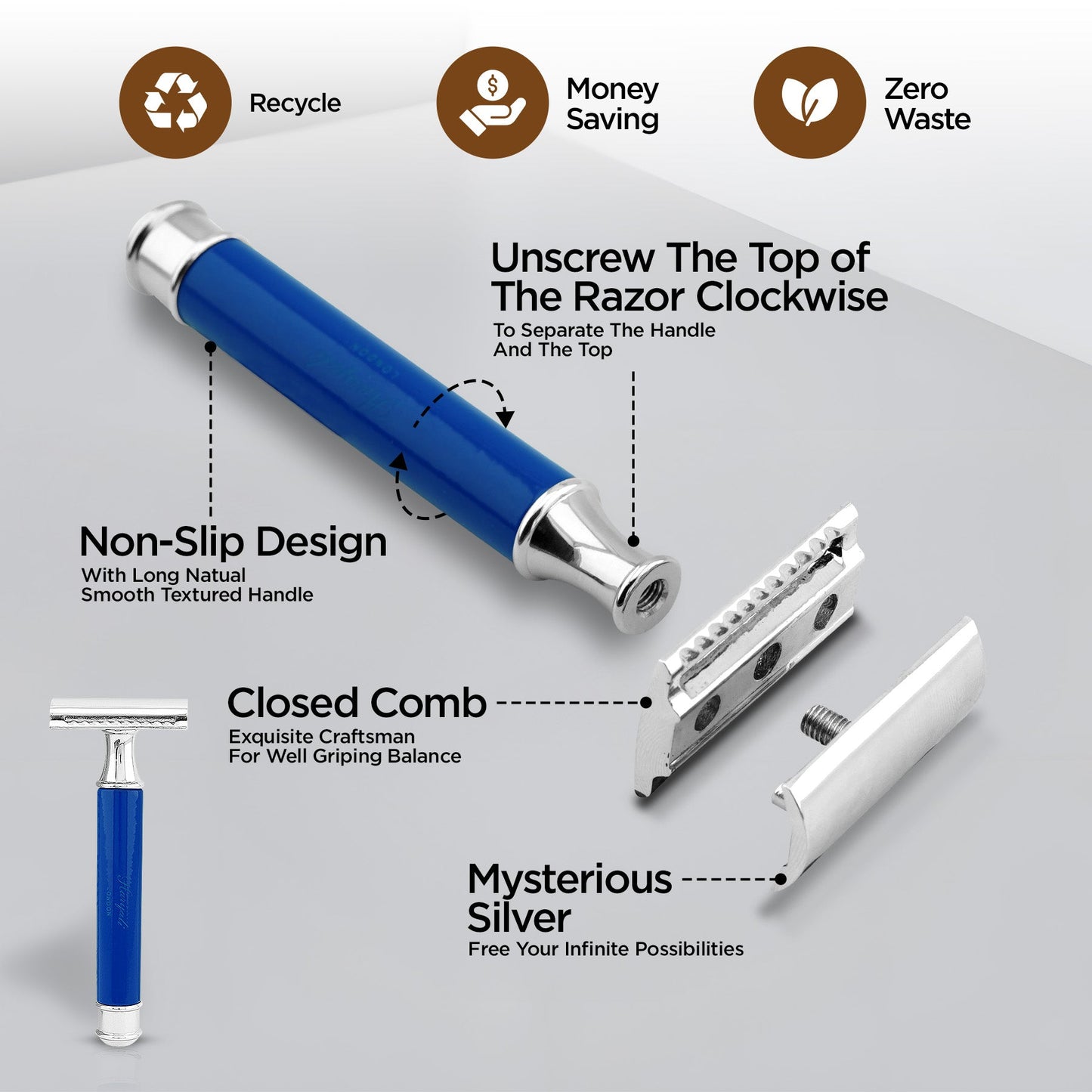 Stylish blue safety razor for a clean daily shave