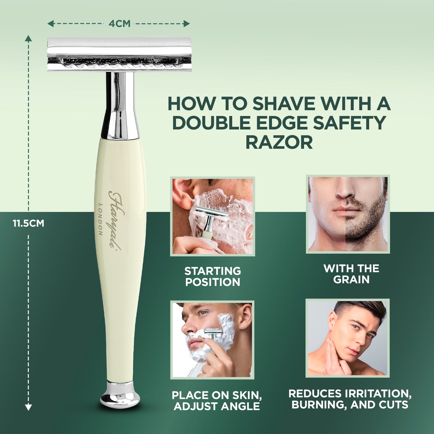 Double edge safety razor with usage instructions on a green background