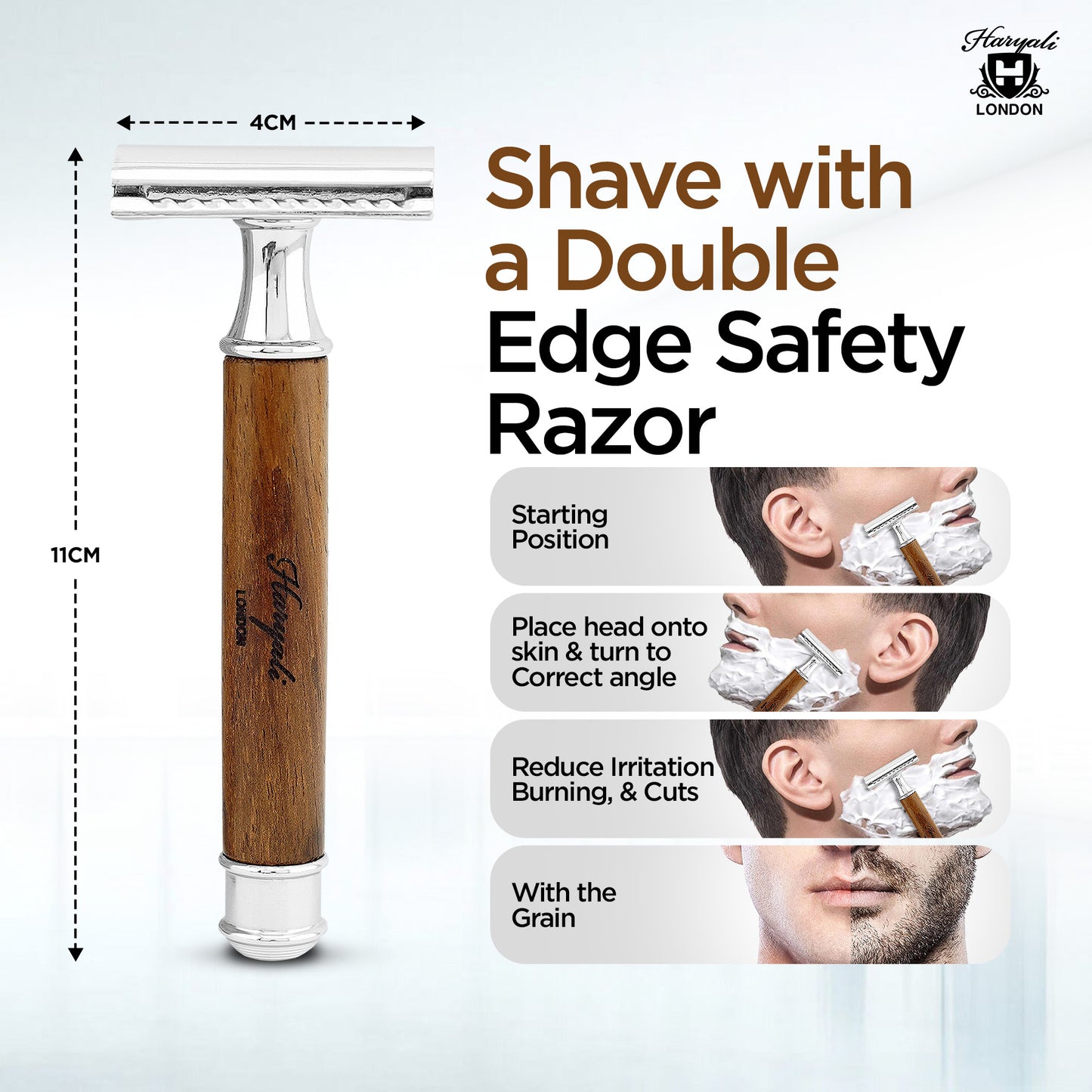 Haryali London’s Titan wood double edge razor combines natural wood with stainless steel in a sleek DE handle, offering a smooth, classic shave with double edge razor blades across the UK.