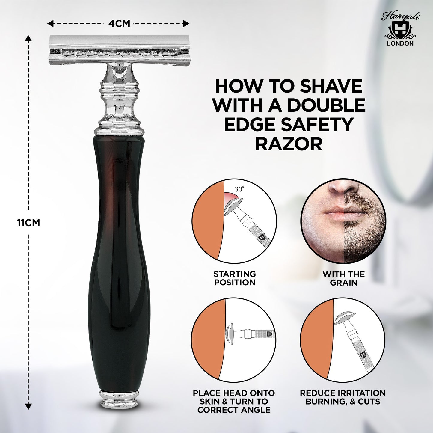 Double edge safety razor with usage instructions on a white background