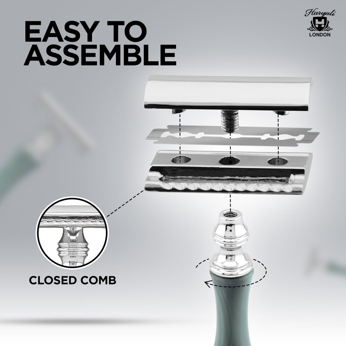 haryali London razor with assembly instructions on a gray background
