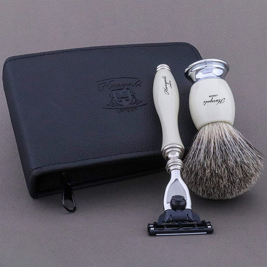Haryali London 3Pcs Shaving Kit with 3 Edge Razor & Super Badger Brush with Leather Pouch - Shaving Gift Set - HARYALI LONDON