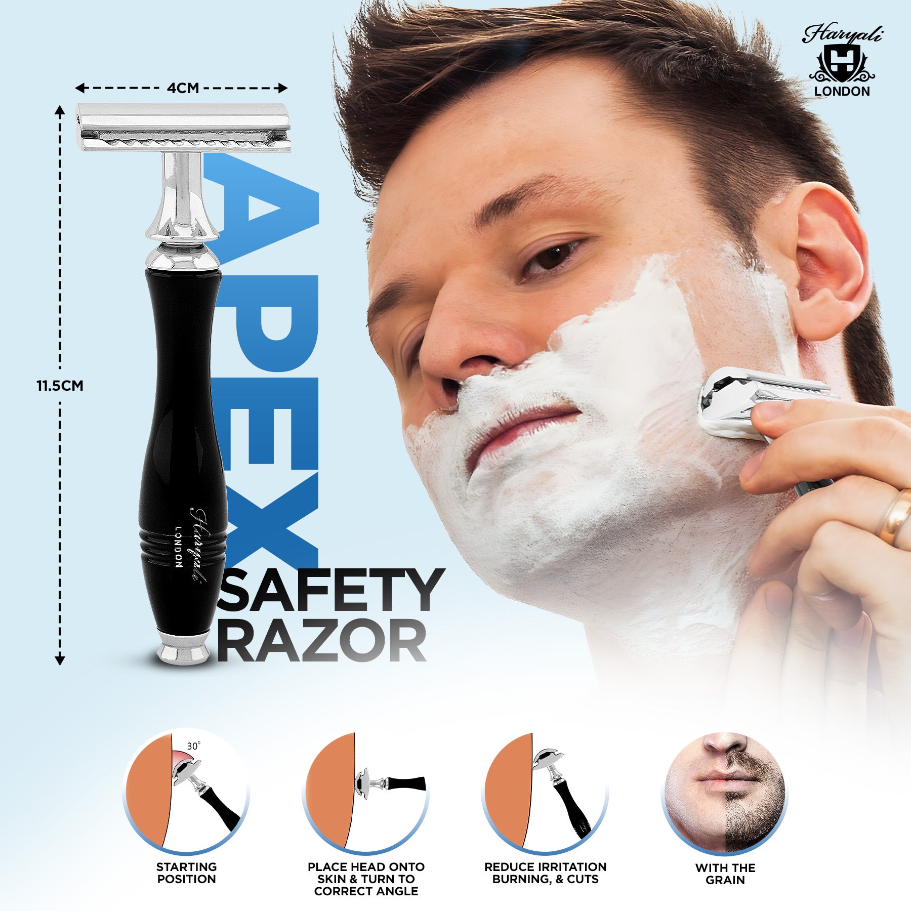 Haryali London’s Apex black double edge razor features a modern DE handle with a closed comb head, crafted for precision and smooth shaving using double edge razor blades across the UK.