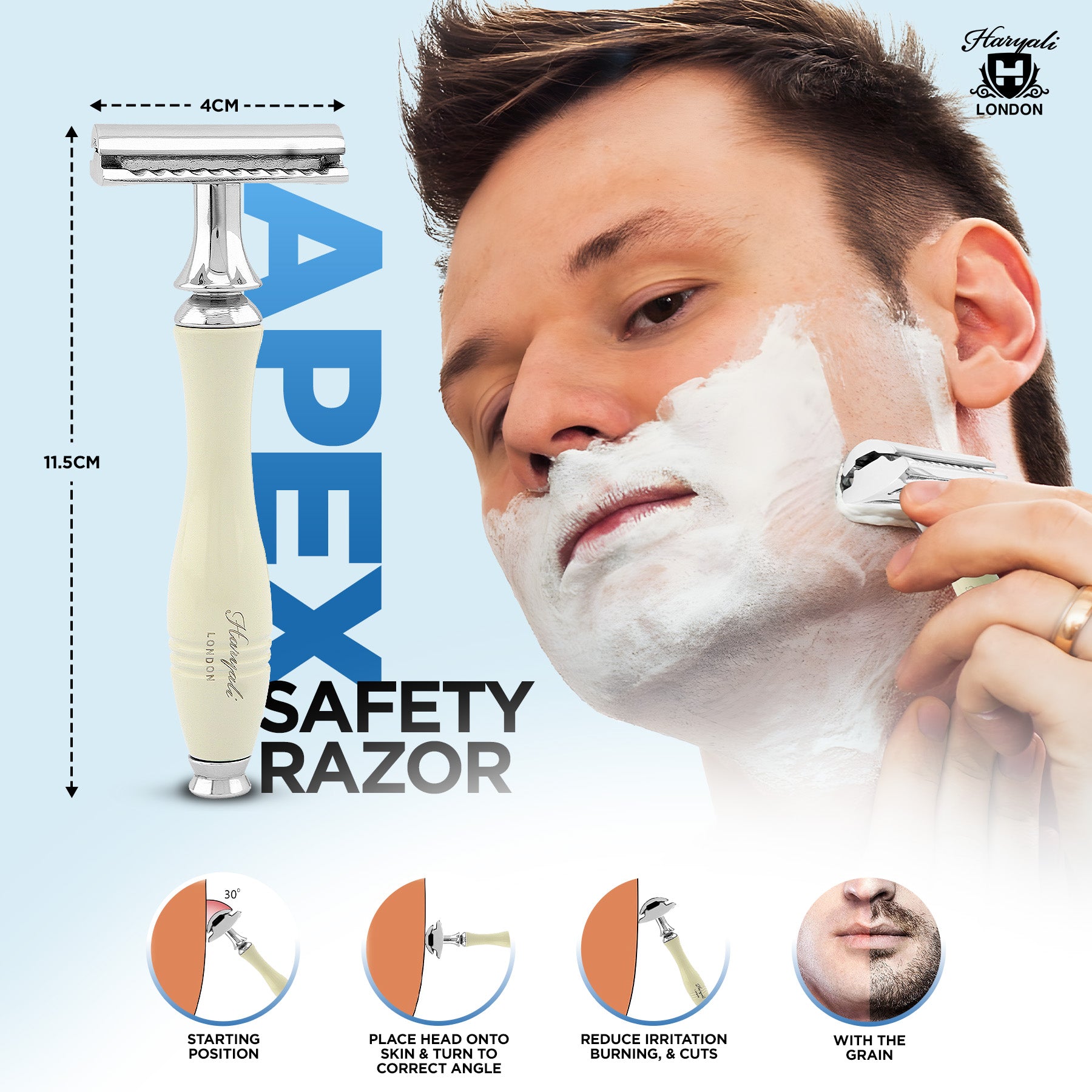 Haryali London’s Apex ivory double edge razor combines a classic ivory finish with a closed comb DE head, providing a smooth, refined shave using double edge razor blades for men in the UK.