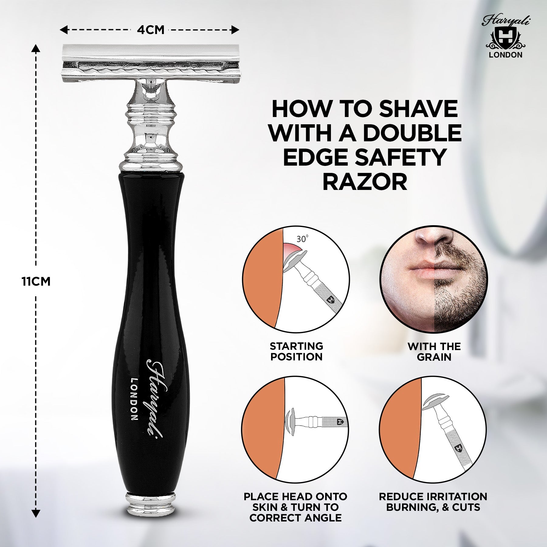 Haryali London’s black double edge safety razor features a sleek DE razor handle, closed comb head, and fits all double edge razor blades for a clean, smooth shave across the UK.