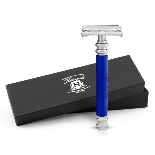 Haryali London’s blue butterfly safety razor features a twist-to-open DE mechanism and sleek handle, offering quick blade changes and smooth shaves using double edge razor blades across the UK.