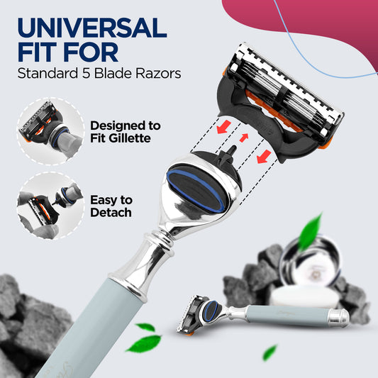 Shaving system with text indicating universal fit for standard 5 blade razors and designed to fit Gillette.
