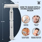 Double edge safety razor with usage instructions on a blue and gray background