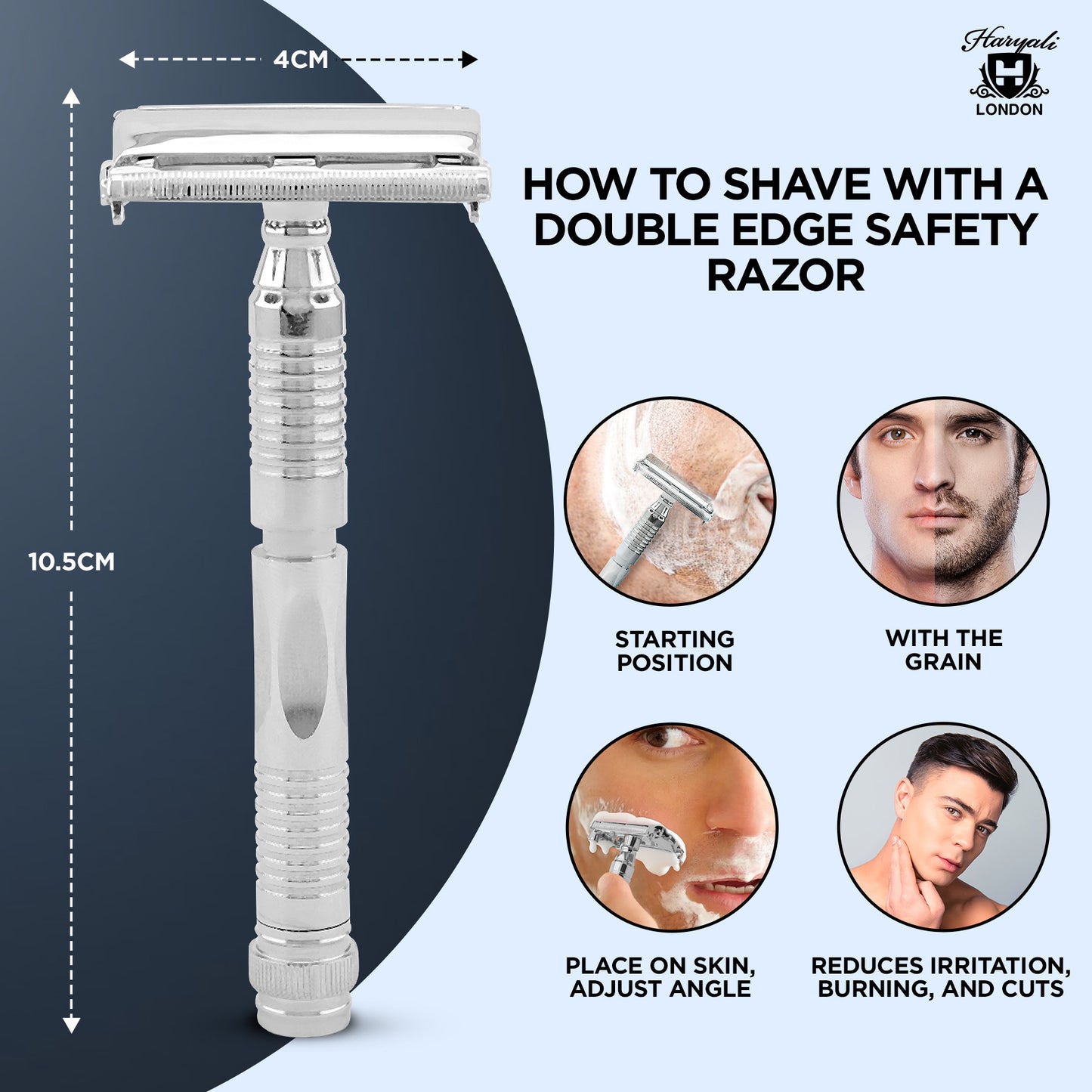 Double edge safety razor with usage instructions on a blue and gray background