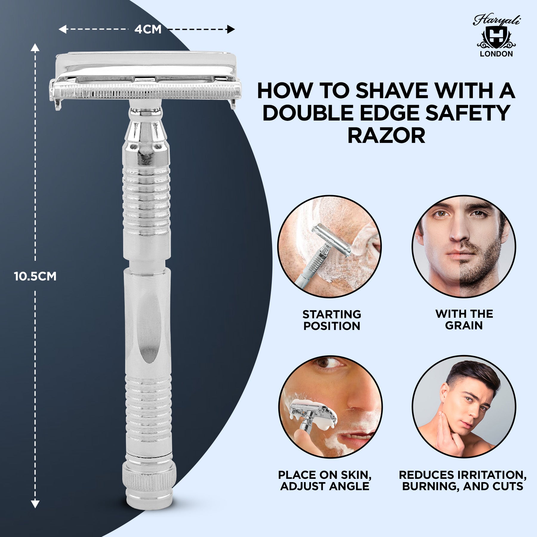 Double edge safety razor with usage instructions on a blue and gray background