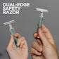 Dual-edge safety razor held by two hands against a gray background with 'Dual-Edge Safety Razor' text.