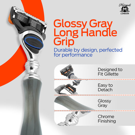 Elegant grey shaving razor with 5 cartridges and chrome finish