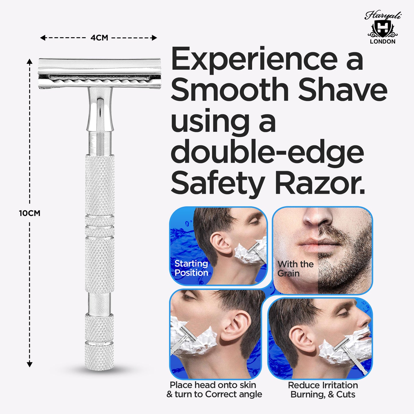 Haryali London’s extended grip double edge safety razor for men features a long, textured DE handle and closed comb head, designed for comfortable control and a close shave with double edge razor blades in the UK.