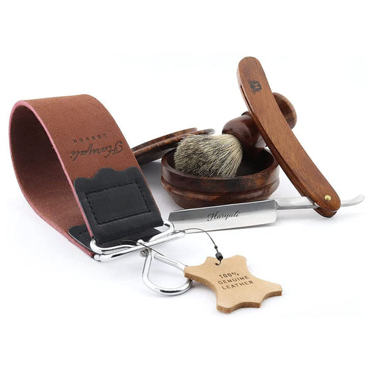 Haryali 5 Pc Straight Razor Kit with Wooden Brush & Bowl