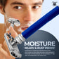 Man shaving with a blue and silver razor, featuring the Haryali London brand.