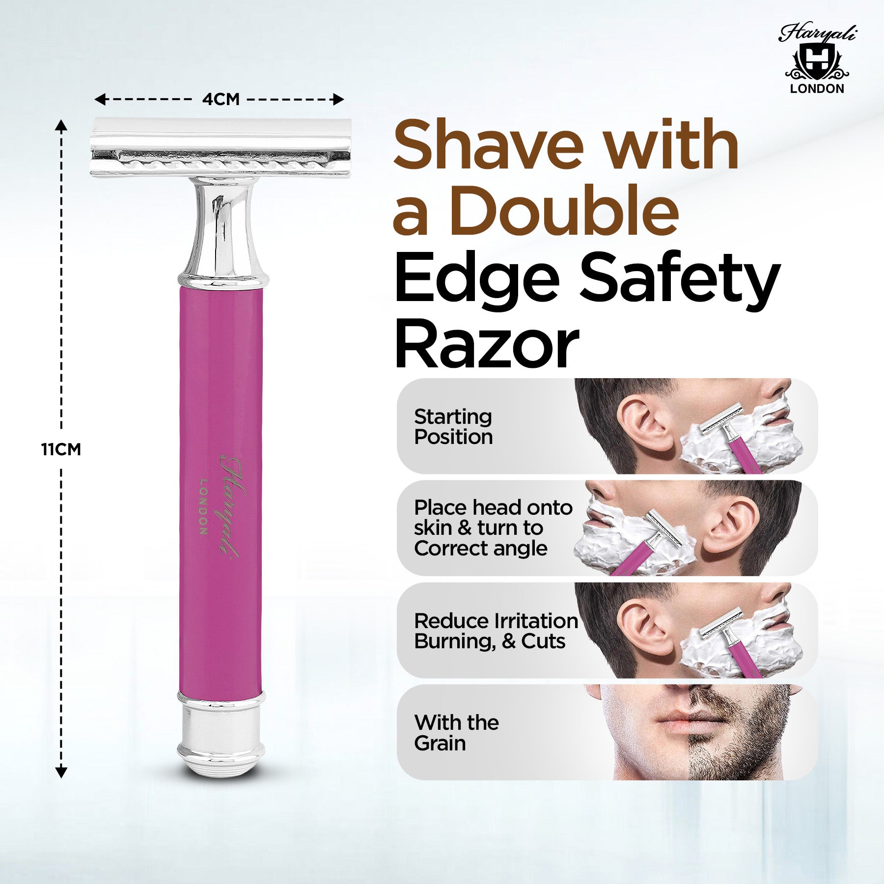 Haryali London’s pink round double edge safety razor features an ergonomic DE handle and closed comb head, delivering a gentle, precise shave with double edge razor blades across the UK.