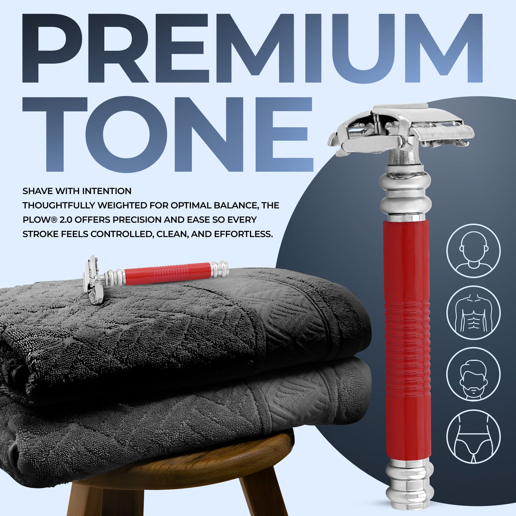 Red and silver razor on a gray towel with promotional text about 'Premium Tone' shaving product.