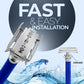 Shaving razor with blue handle and open blade mechanism, water splash background, text 'FAST & EASY INSTALLATION'.