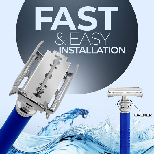 Shaving razor with blue handle and open blade mechanism, water splash background, text 'FAST & EASY INSTALLATION'.