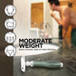 Shaving razor with text on moderate weight and shaving benefits, blurred bathroom background