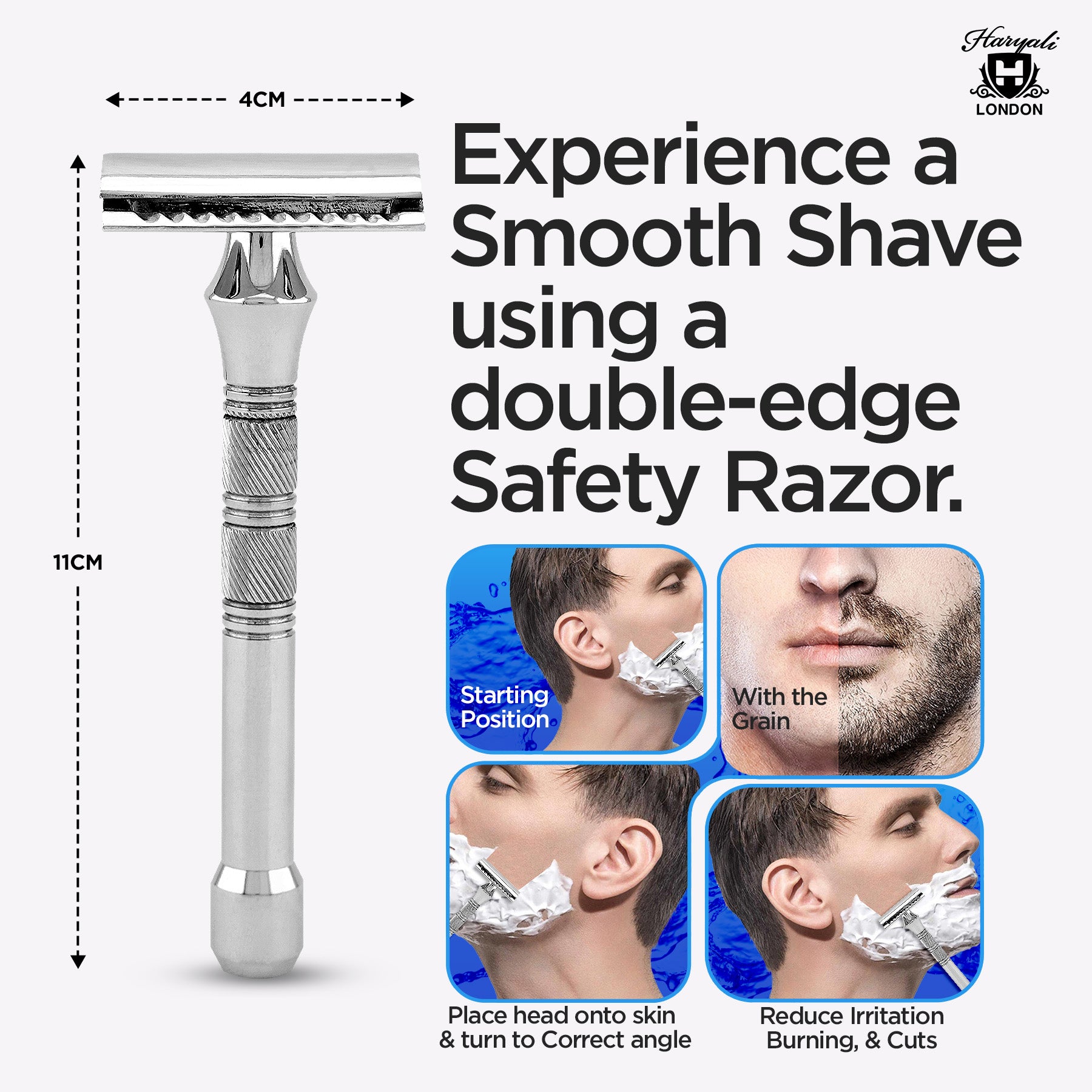 Haryali London’s stainless steel grip pad double edge razor features a non-slip DE handle and closed comb head, delivering a secure, smooth shave with double edge razor blades for men across the UK.