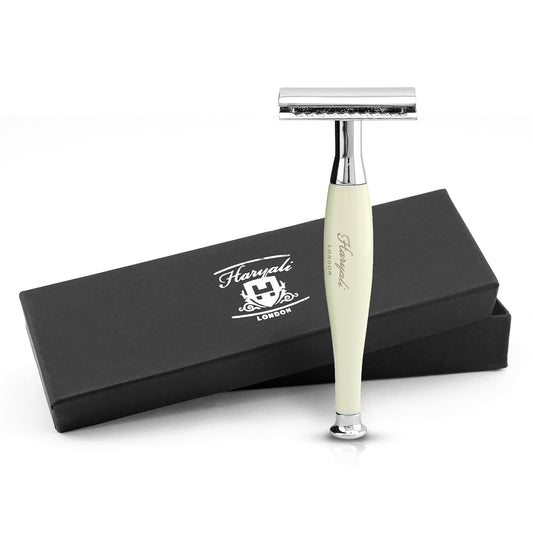 A safety razor with an ivory-colored handle, branded Haryali, displayed alongside its black packaging box with the brand name.