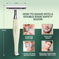 Double edge safety razor with usage instructions on a green background